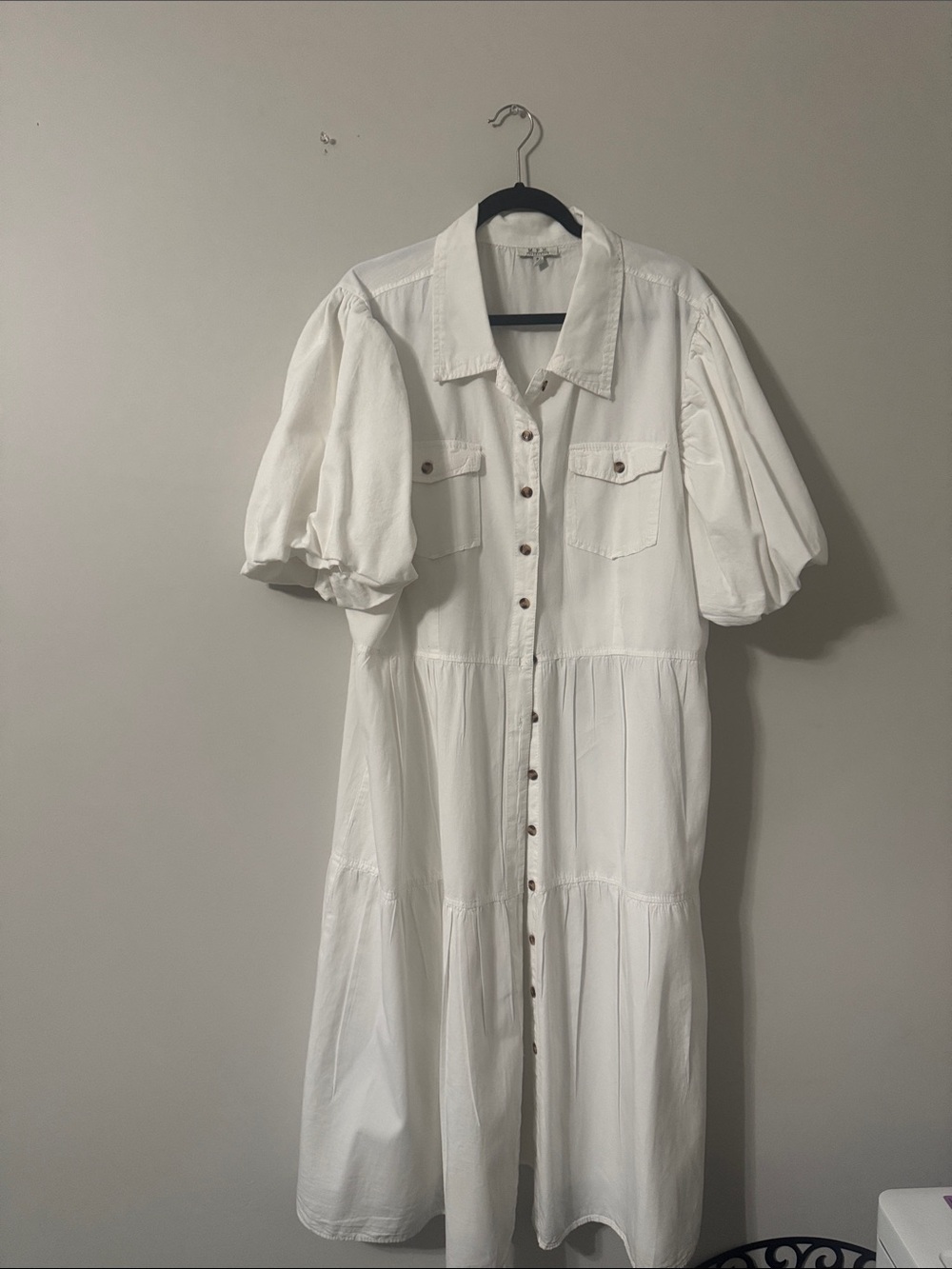 White Button-Front Puff Sleeve Midi Dress